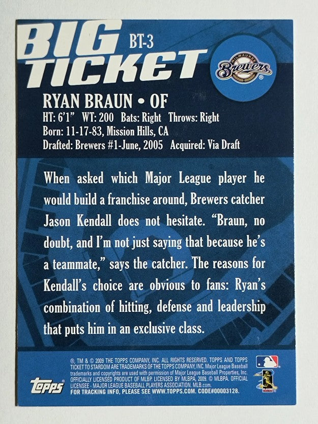 2009 Topps Ticket to Stardom Big Ticket #BT3 Ryan Braun