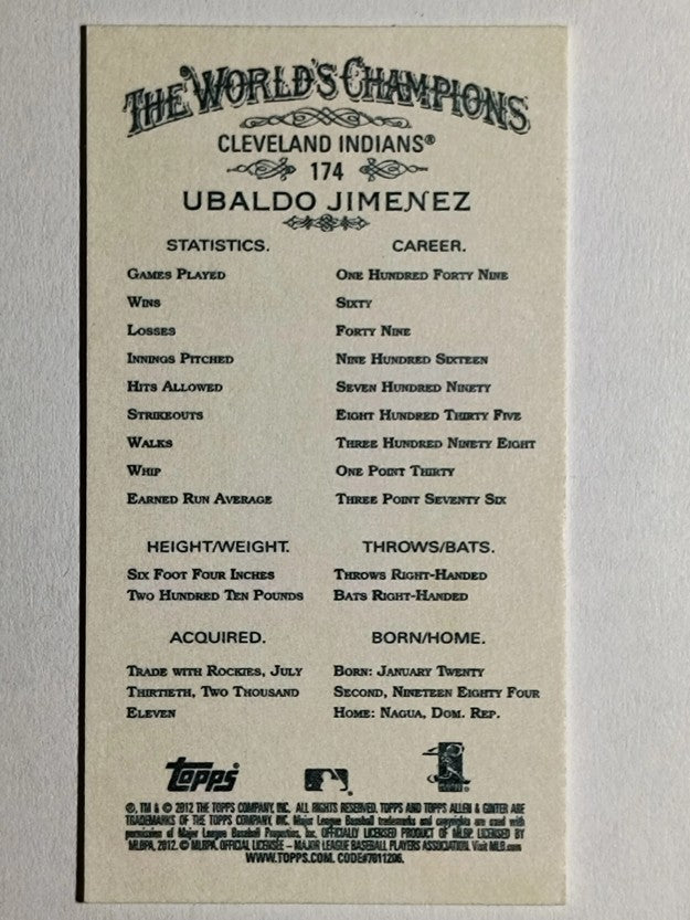 2012 Topps Allen and Ginter Mini #174 Ubaldo Jimenez