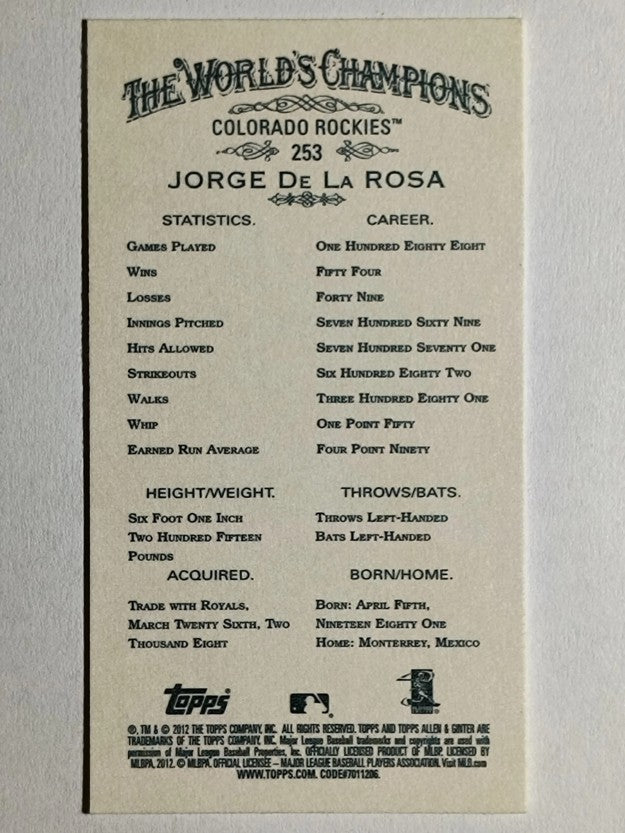 2012 Topps Allen and Ginter Mini #253 Jorge De La Rosa