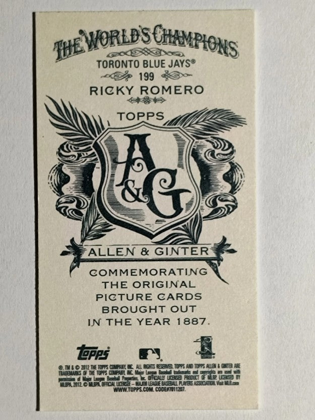 2012 Topps Allen and Ginter Mini A and G Back #199 Ricky Romero