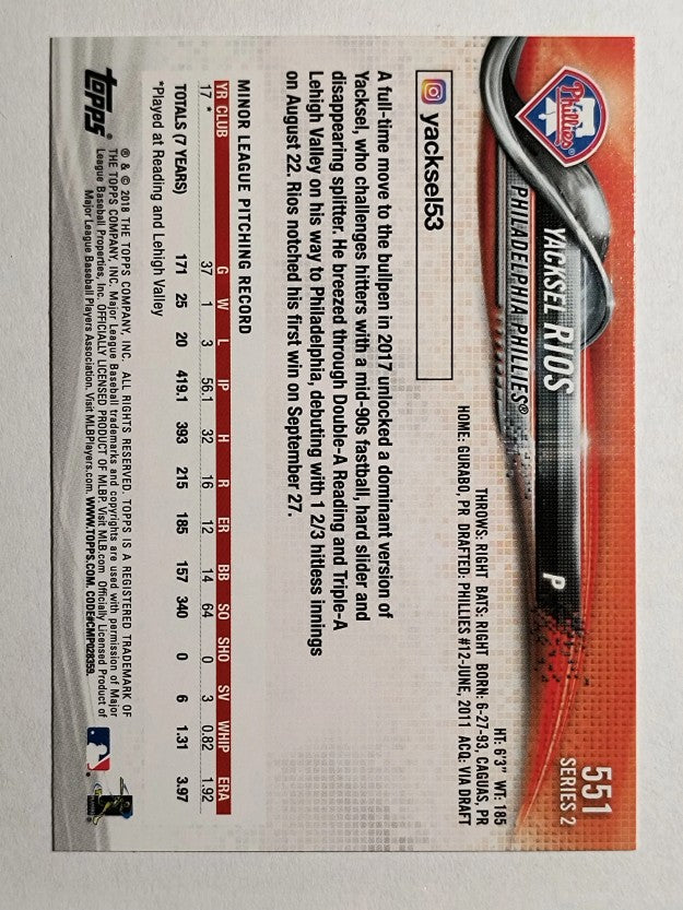 2018 Topps #551 Yacksel Rios RC