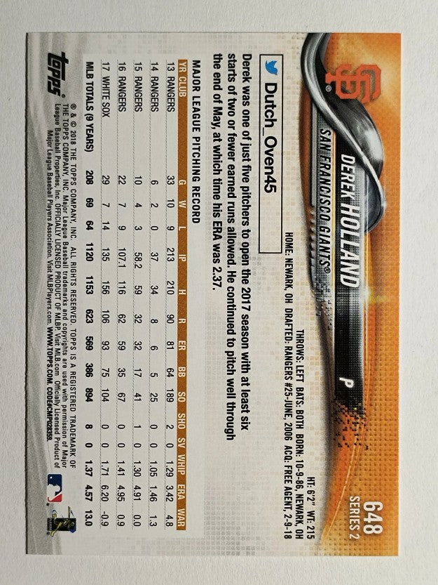 2018 Topps #648 Derek Holland