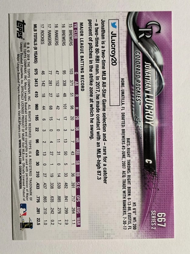 2018 Topps #667 Jonathan Lucroy
