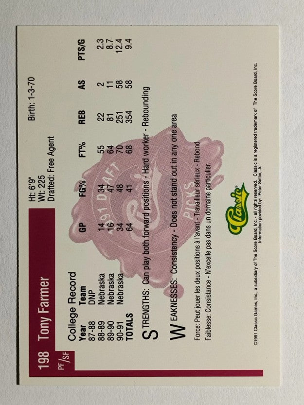 1991 Classic Four Sport French #198 Tony Farmer