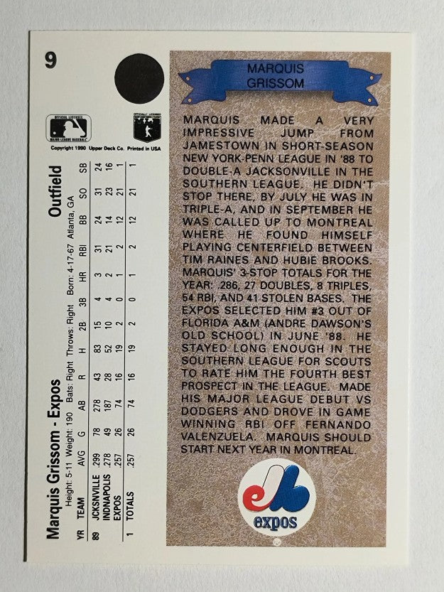 1990 Upper Deck #9 Marquis Grissom RC