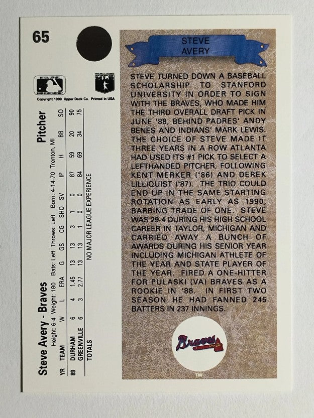 1990 Upper Deck #65 Steve Avery