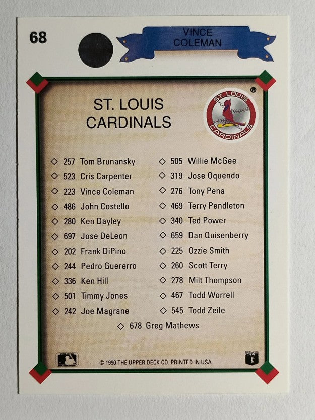 1990 Upper Deck #68 Vince Coleman TC