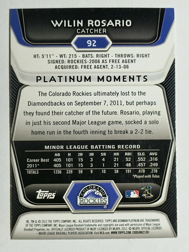 2012 Bowman Platinum #92 Wilin Rosario RC