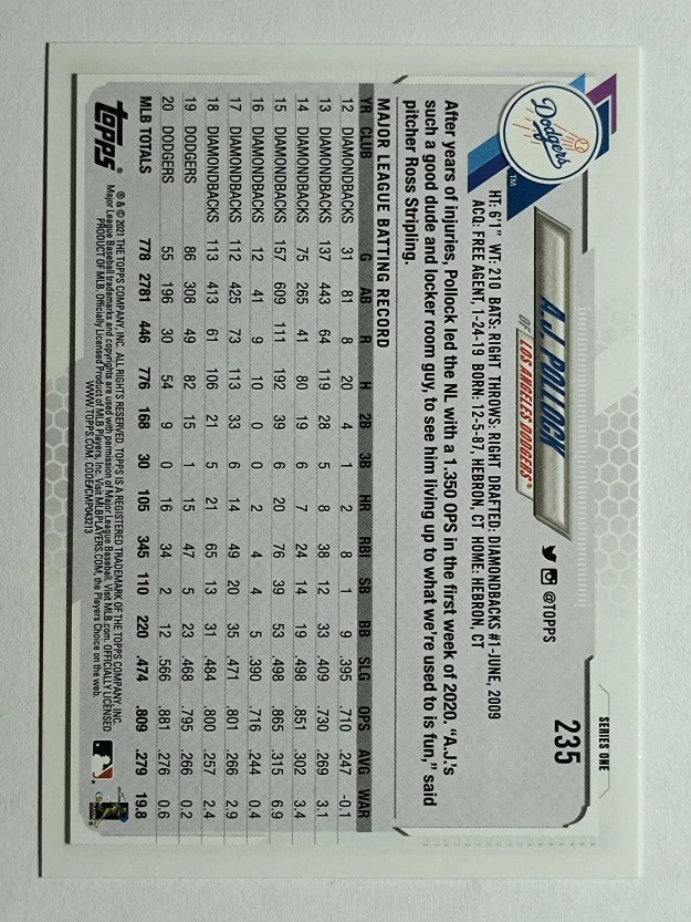 2021 Topps #235 A.J. Pollock