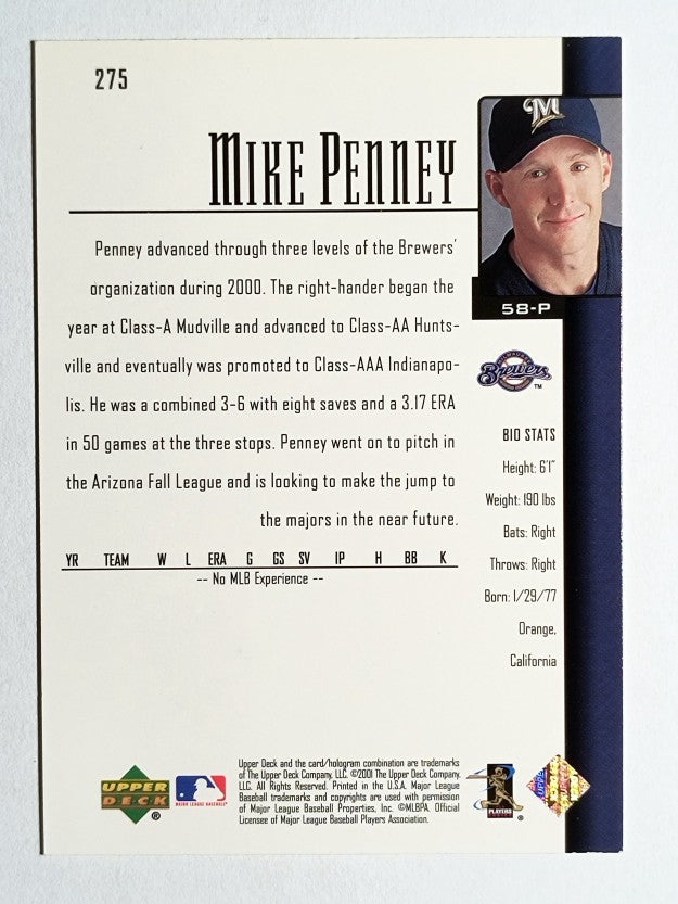 2001 Upper Deck #275 Mike Penney SR RC