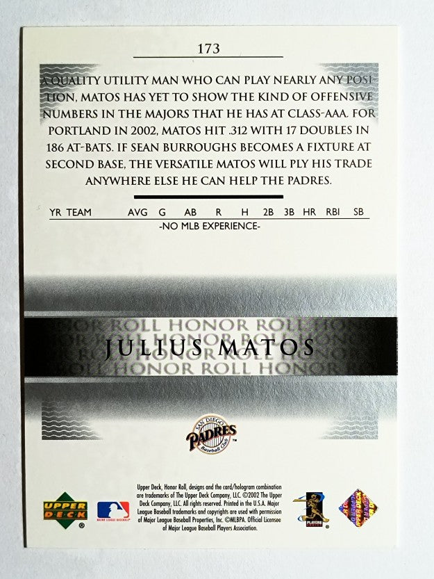 2002 Upper Deck Honor Roll #173 Julius Matos UDP RC