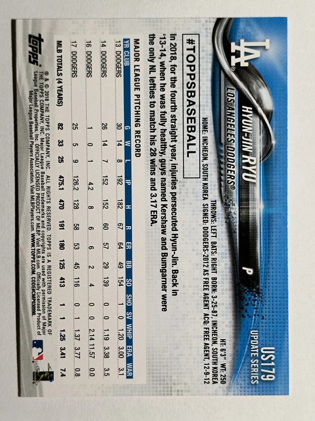 2018 Topps Update #US179 Hyun-Jin Ryu