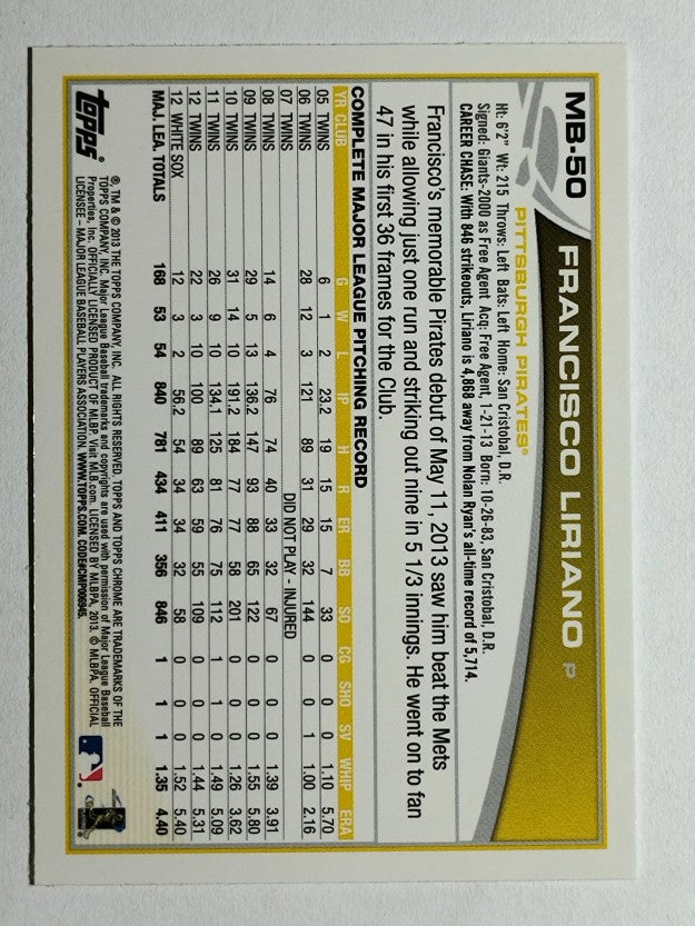 2013 Topps Chrome Update #MB50 Francisco Liriano