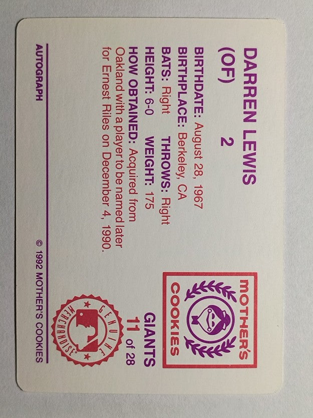 1992 Giants Mother's #11 Darren Lewis