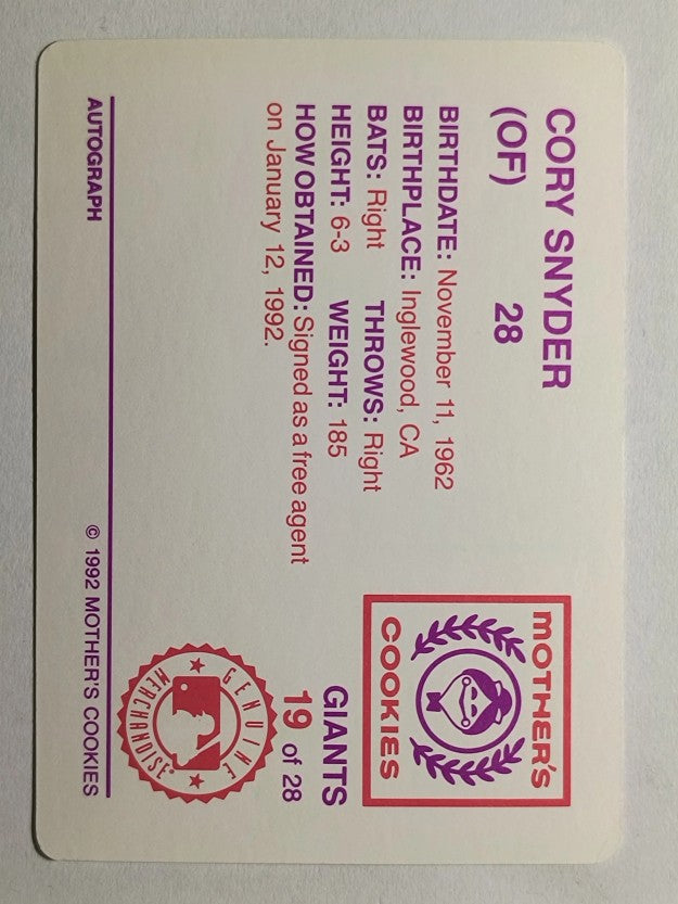1992 Giants Mother's #19 Cory Snyder
