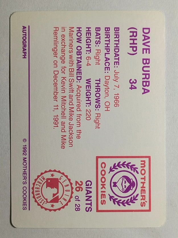 1992 Giants Mother's #26 Dave Burba