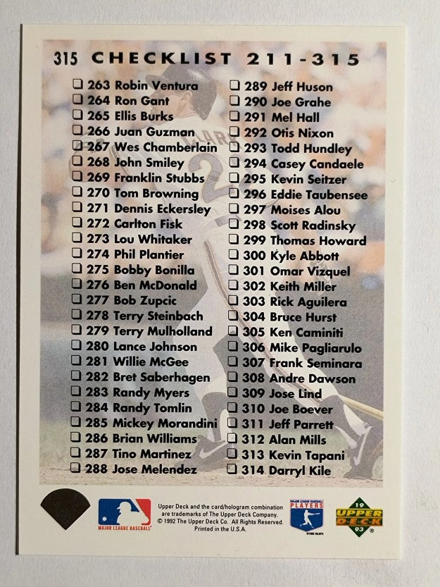 1993 Upper Deck #315 Checklist 211-315/Will Clark