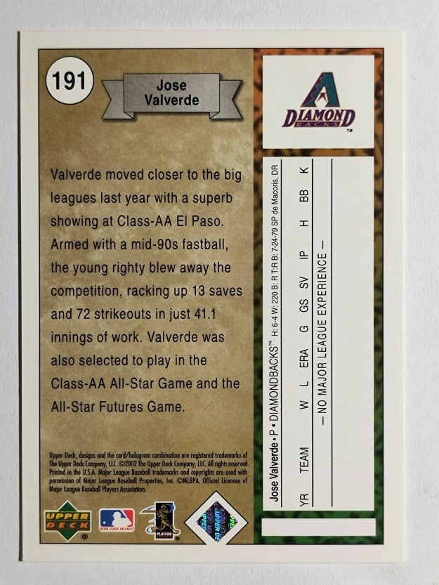2002 UD Authentics #191 Jose Valverde SR RC