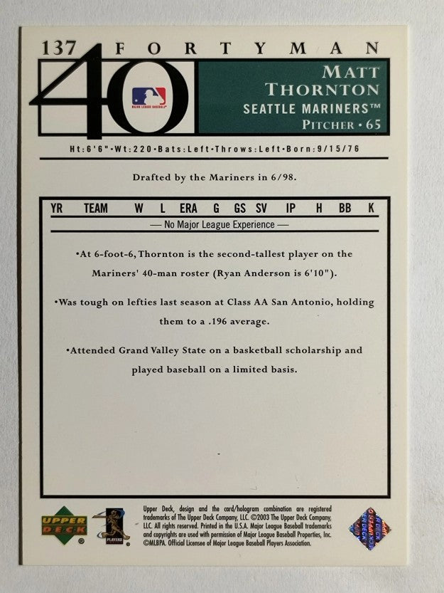 2003 Upper Deck 40-Man #137 Matt Thornton