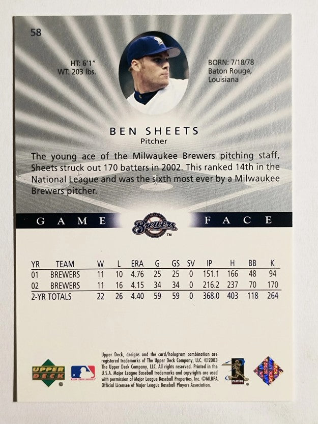 2003 Upper Deck Game Face #58 Ben Sheets