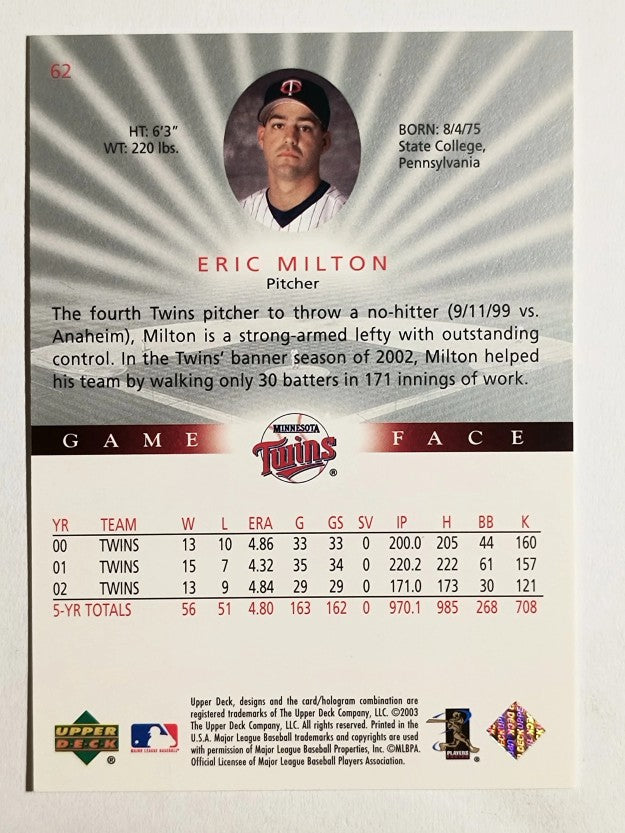 2003 Upper Deck Game Face #62 Eric Milton