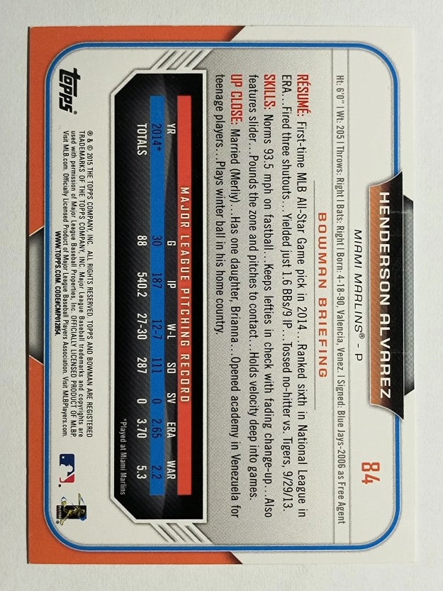 2015 Bowman Silver Ice #84 Henderson Alvarez