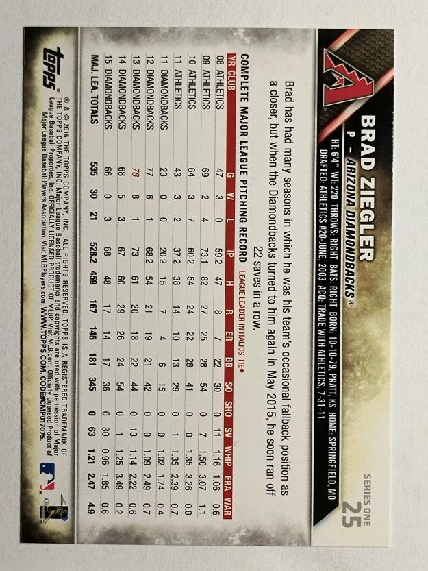 2016 Topps #25 Brad Ziegler