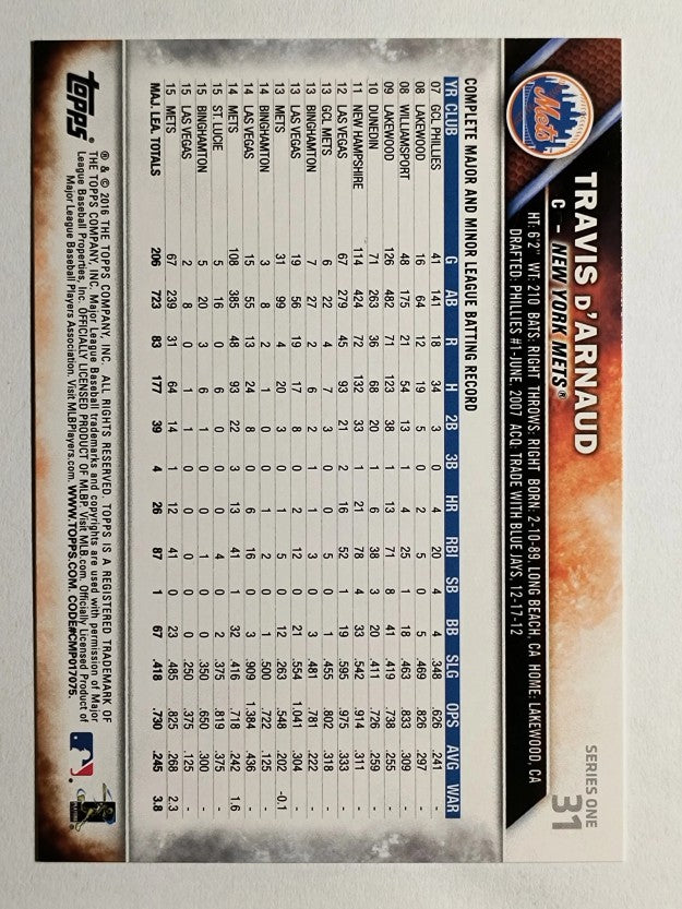 2016 Topps #31 Travis d'Arnaud