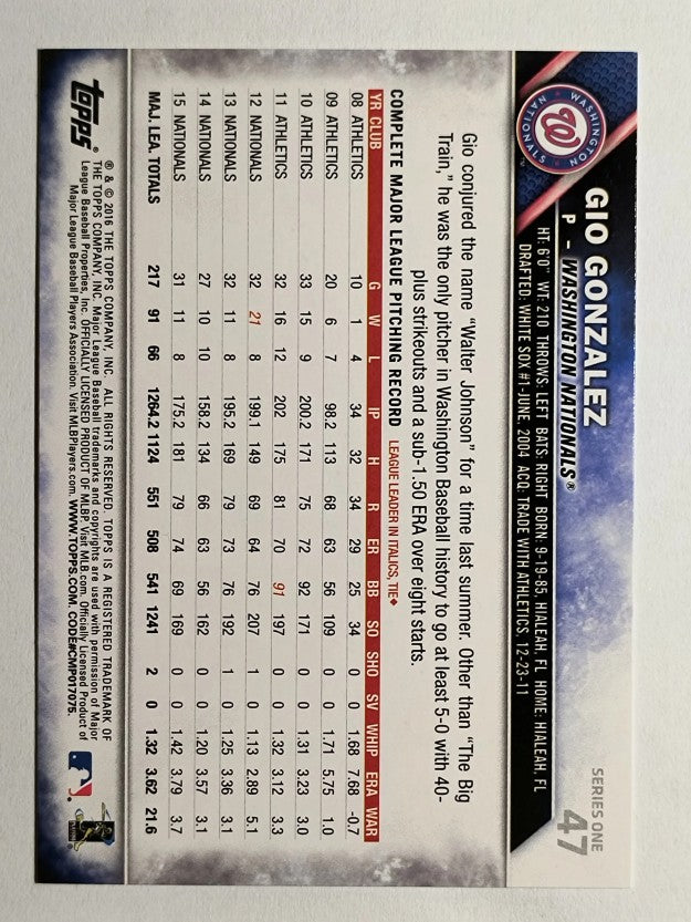 2016 Topps #47 Gio Gonzalez