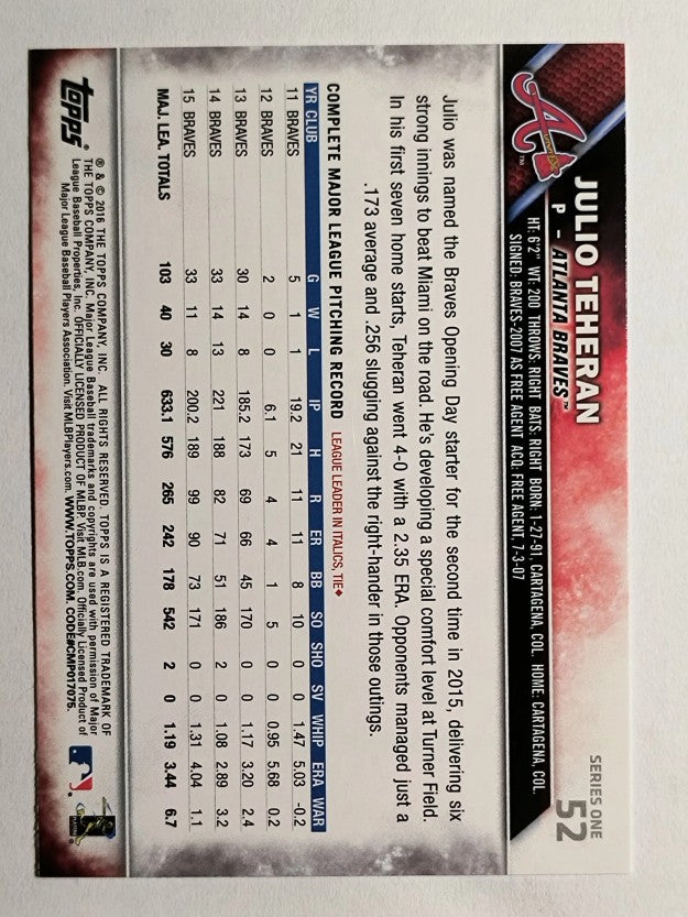 2016 Topps #52 Julio Teheran