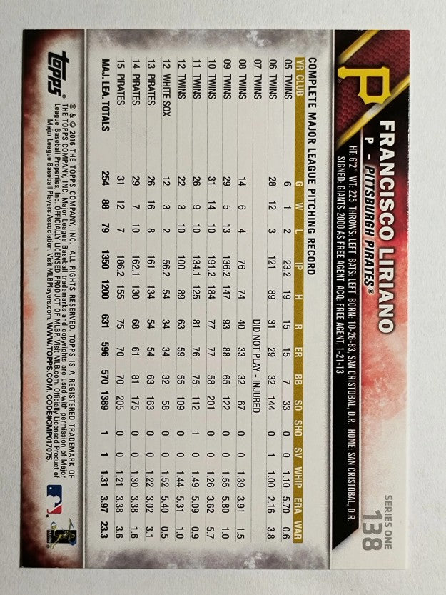 2016 Topps #138 Francisco Liriano