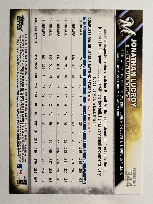 2016 Topps #344 Jonathan Lucroy