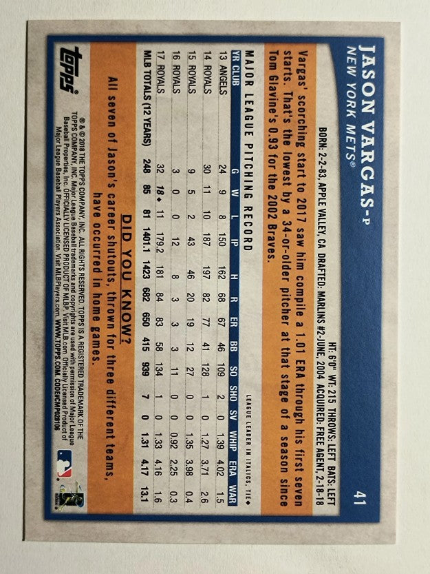 2018 Topps Big League #41 Jason Vargas