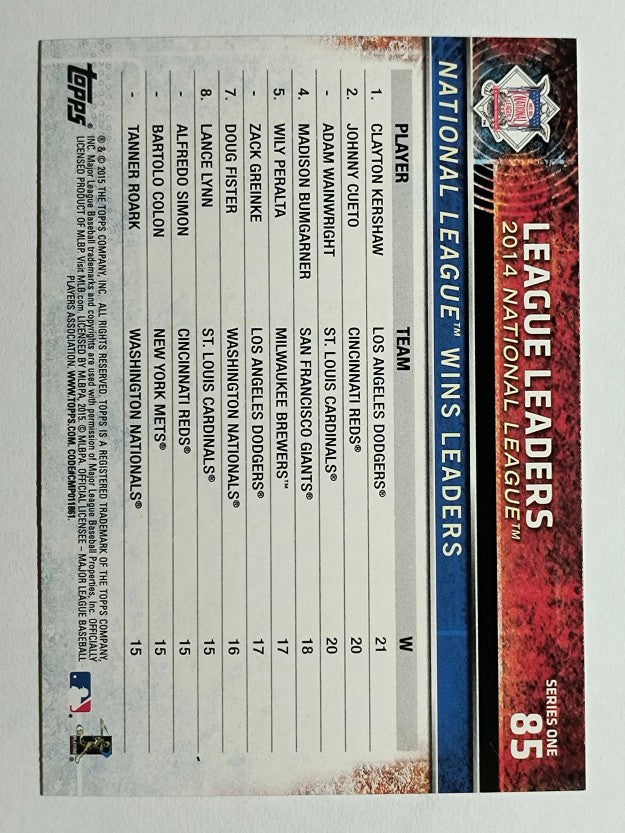 2015 Topps #85 Adam Wainwright/Johnny Cueto/Clayton Kershaw LL