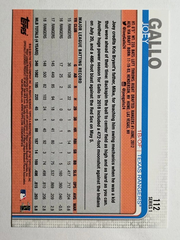 2019 Topps #112 Joey Gallo