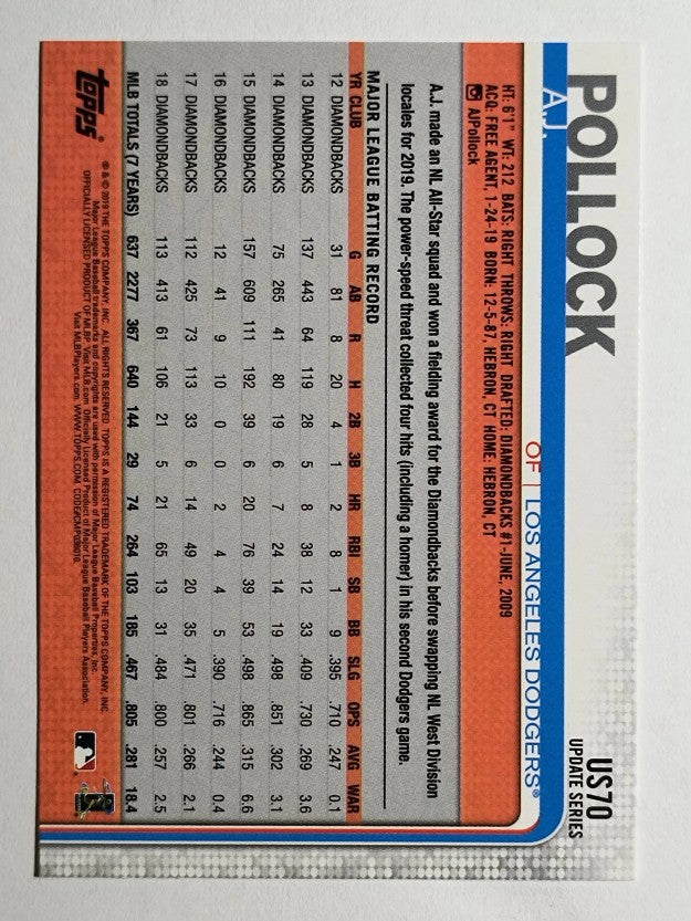 2019 Topps Update #US70 A.J. Pollock