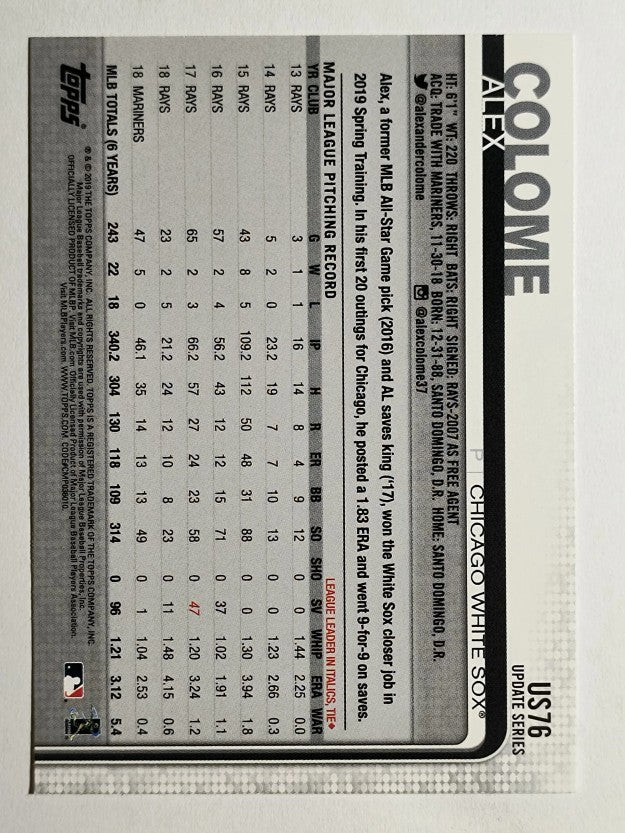 2019 Topps Update #US76 Alex Colome