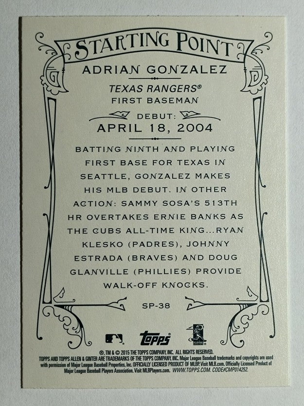 2015 Topps Allen and Ginter Starting Points #SP38 Adrian Gonzalez