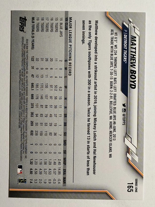 2020 Topps #165 Matthew Boyd