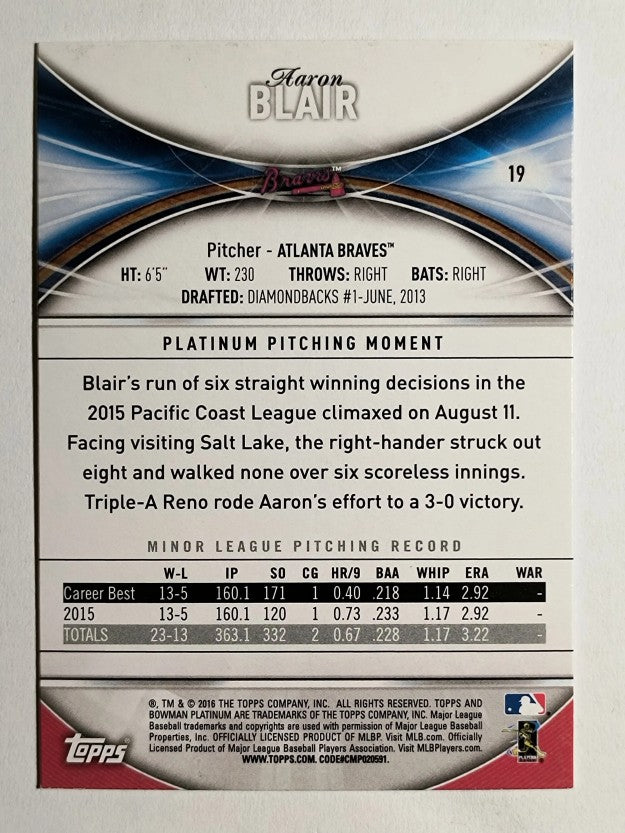 2016 Bowman Platinum #19 Aaron Blair RC