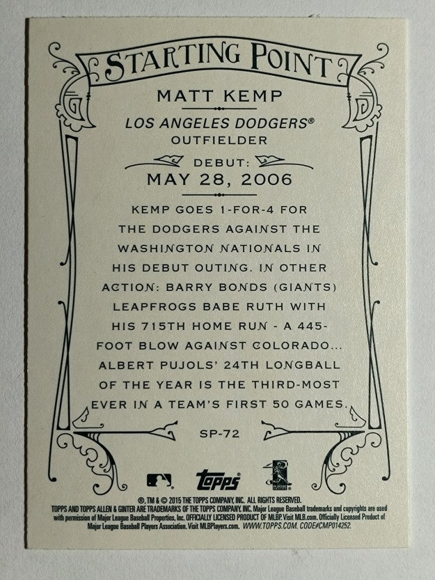 2015 Topps Allen and Ginter Starting Points #SP72 Matt Kemp