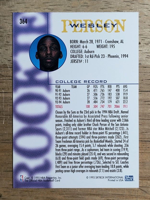 1994-95 Hoops #364 Wesley Person RC