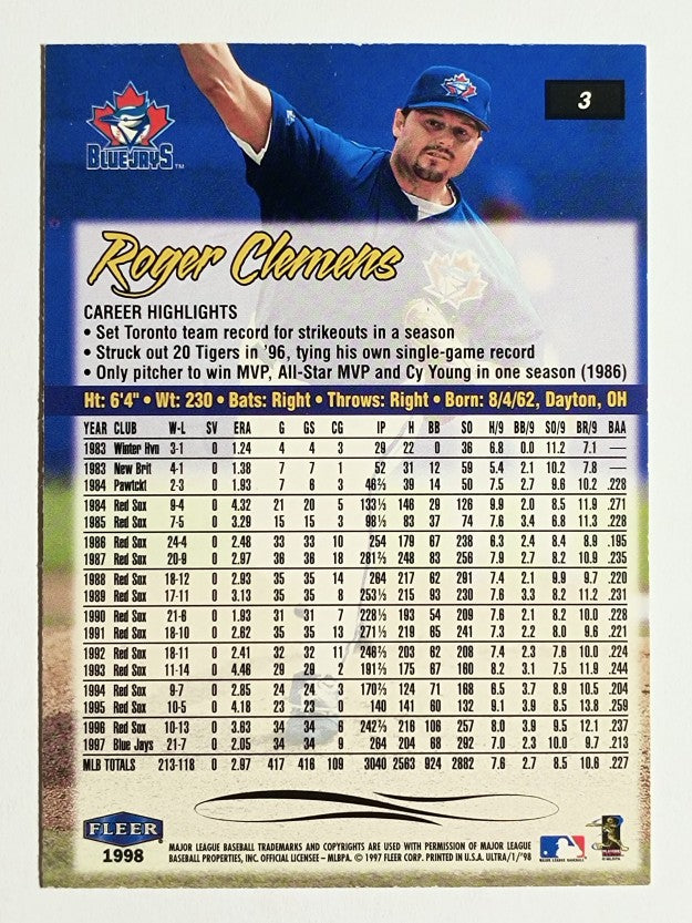 1998 Ultra #3 Roger Clemens