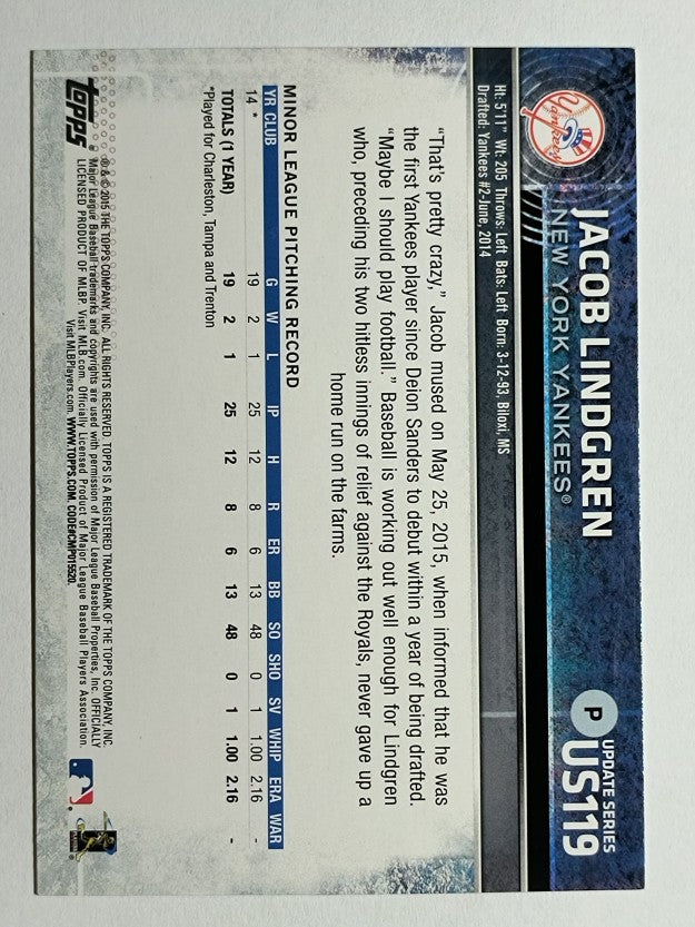 2015 Topps Update #US119 Jacob Lindgren RC