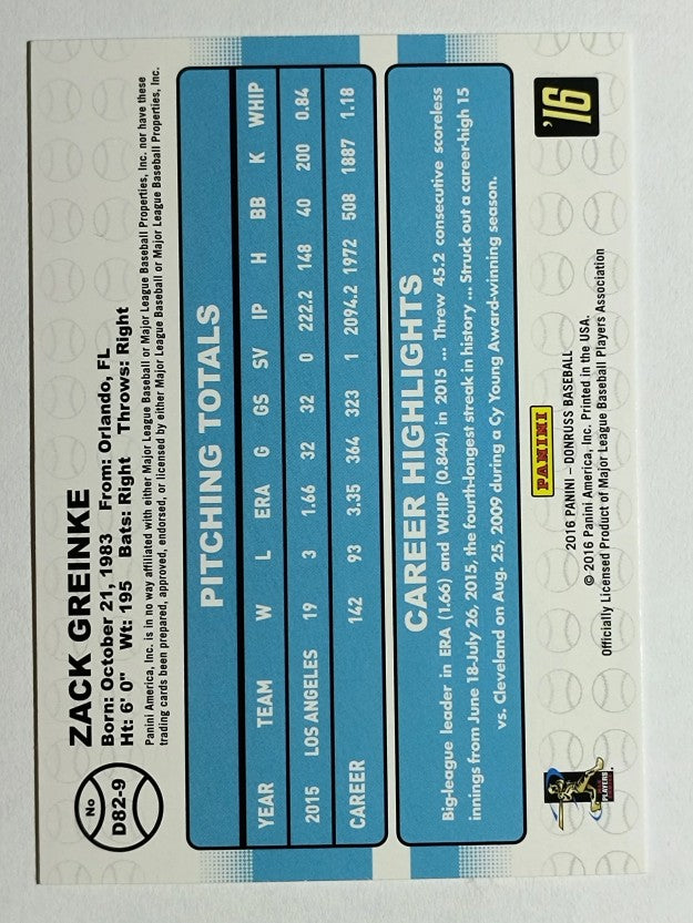 2016 Donruss '82 #9 Zack Greinke