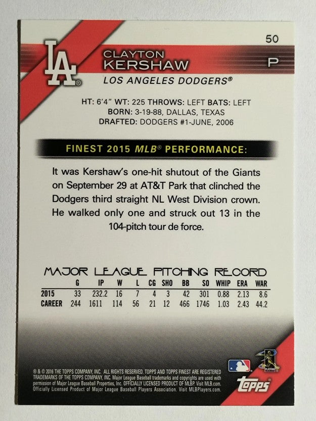 2016 Finest #50 Clayton Kershaw