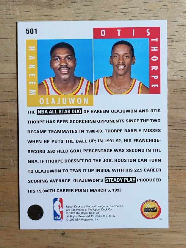 1992-93 Upper Deck #501 Hakeem Olajuwon/Otis Thorpe ST