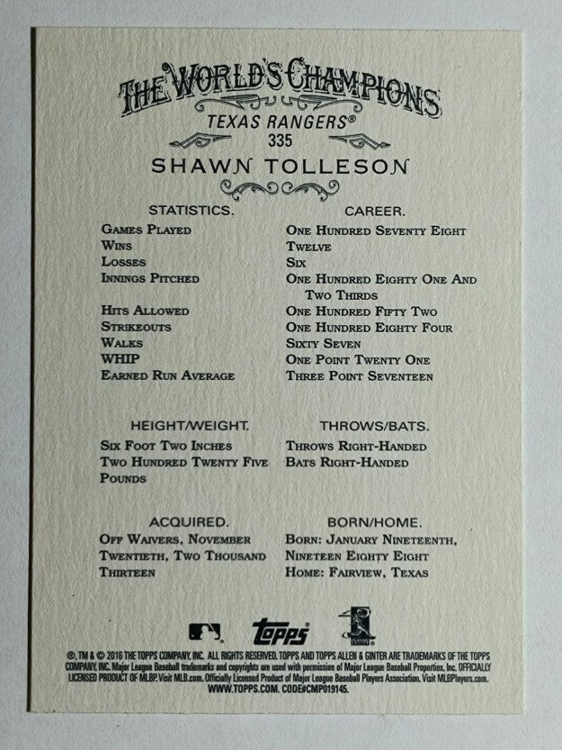 2016 Topps Allen and Ginter #335 Shawn Tolleson SP