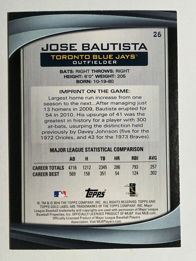 2016 Topps Gold Label Class 1 Blue #26 Jose Bautista