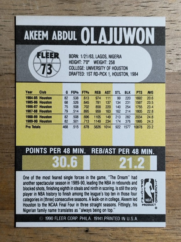 1990-91 Fleer #73 Hakeem Olajuwon